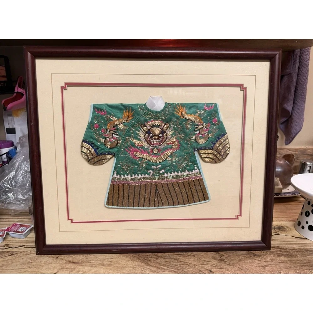 Framed Vintage Chinese Silk Embroidered Dragon Robe Wall Art Gold Thread Green